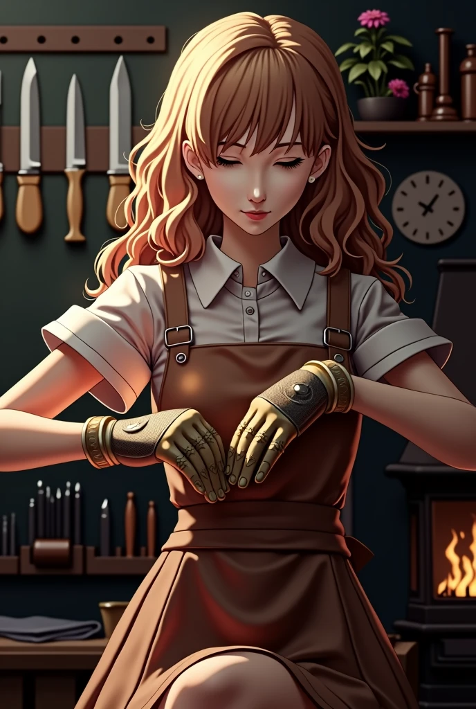 Highly detailed photographs of the Gunsmith model.:1.2, valid, Depth of field, undefined background, 1 inch girl with normal breasts, detailed medium hair, mitts pretas, chestnut hair, with eyes closed, a fireplace, besuntar, mitts, Fixing tools, knives, parted lips, I look at the viewer, overskirt, LnF, Master of Weapons, Workspace, work reality:1.3, Chedevr, The best quality at its best:1.1, (film photography:1.2)