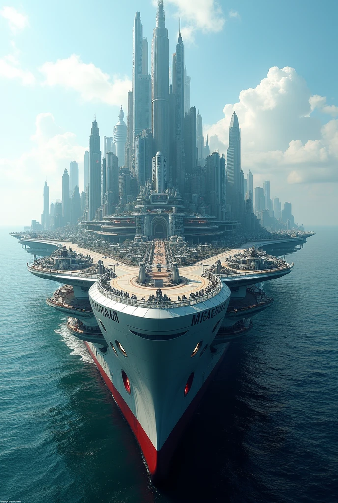 a big modern city on a very big boat with "the SeaTraveler" written on it