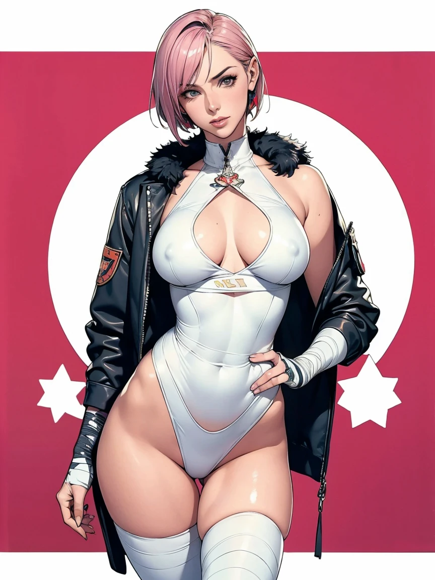 (((Annie Lennox))), (((colorful suit))), (scars), (((bandaged arms))), (((colorful clothes))) (( hood)), (((best quality: 1.4))), (Unbeatable masterpiece), (hyper HD),(CG 8k hyper-realistic), beautiful face, (((breasts big))), (((hyper feminine))), sexly girl, ((round face)), black tattoo,（ultra short red hair with white highlights)), ((( sculptural body ))), (((1 Kizi))), Kizi tatuada de 25 anos com perfect body, perfect hands, perfect fingers ,Beautiful and well-groomed face, (round face), muscular body:1.2,solid color detailed jacket, (Head to thigh photos)， Complex equipment, ，Tight clothes，With white stars and off-white stripes,,,,,Armor Metal Electronic Parts, Poison tattoos ) INFO, Kizi, (((standing alone))), , 24歳, sexy, pose de attitude, work of art, dancing, ((slight smile)), post-apocalypse, (((manga style))), bounty hunter, the way you want, perfect body, roupa moderna, advanced technology, white, yellow accent, black, red accent, fur collar jacket, sleeves with vertical striped pattern, background city, (( cowboy shot )). intricate visual, narrow waist, (((wide hips))), wide hips, fit thighs, (((thigh gap))), Thigh gap, background shows a futuristic airplane, open expression, expression happy