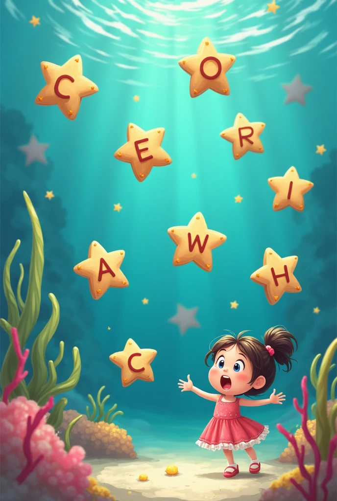Minimal Deformation, cute, Fix the girl to the bottom right:1.37, Collect small star-shaped cookies to make words, "S","It is","a", Character, Letters made of tiny cookies, Only the parts that form the letters are colorfully sugar coated, Transparent deep sea background,a panicked girl, a surprised girl, The background is small, with a focus on the character