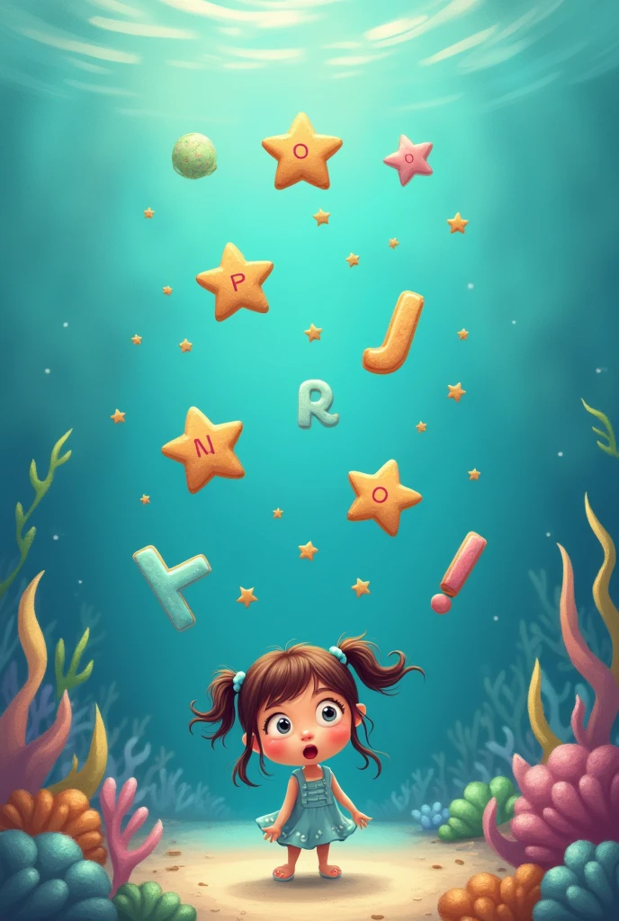 Minimal Deformation, cute, Fix the girl to the bottom right:1.37, Collect small star-shaped cookies to make words, "S","It is","a", Character, Letters made of tiny cookies, Only the parts that form the letters are colorfully sugar coated, Transparent deep sea background,a panicked girl, a surprised girl, The background is small, with a focus on the character