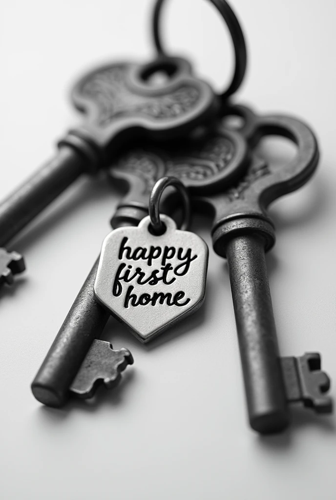 A png set of old keys and attached is a keychain that says“happy first home” in a cursive font. Black and white 