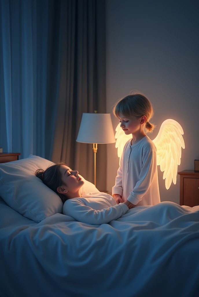 "A serene image of a guardian angel watching over a sleeping adult. The angel is depicted with gentle, flowing wings, standing beside the bed where the adult rests peacefully. The angel has a calm, loving expression, with a soft glow surrounding them, illuminating the room with a warm, comforting light. The adult, dressed in simple sleepwear, lies peacefully under a cozy blanket, with a relaxed and tranquil expression. The scene is set in a quiet, dimly lit room, with the angel's presence providing a sense of protection and peace, ensuring the adult's restful sleep."