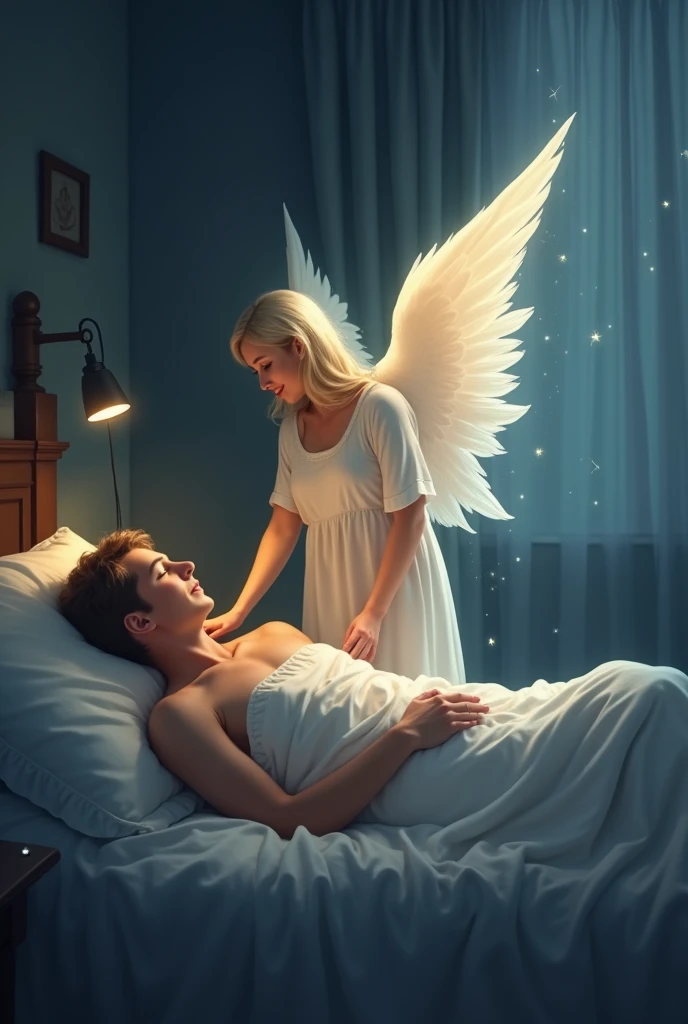 "A serene image of a guardian angel watching over a sleeping adult. The angel is depicted with gentle, flowing wings, standing beside the bed where the adult rests peacefully. The angel has a calm, loving expression, with a soft glow surrounding them, illuminating the room with a warm, comforting light. The adult, dressed in simple sleepwear, lies peacefully under a cozy blanket, with a relaxed and tranquil expression. The scene is set in a quiet, dimly lit room, with the angel's presence providing a sense of protection and peace, ensuring the adult's restful sleep."