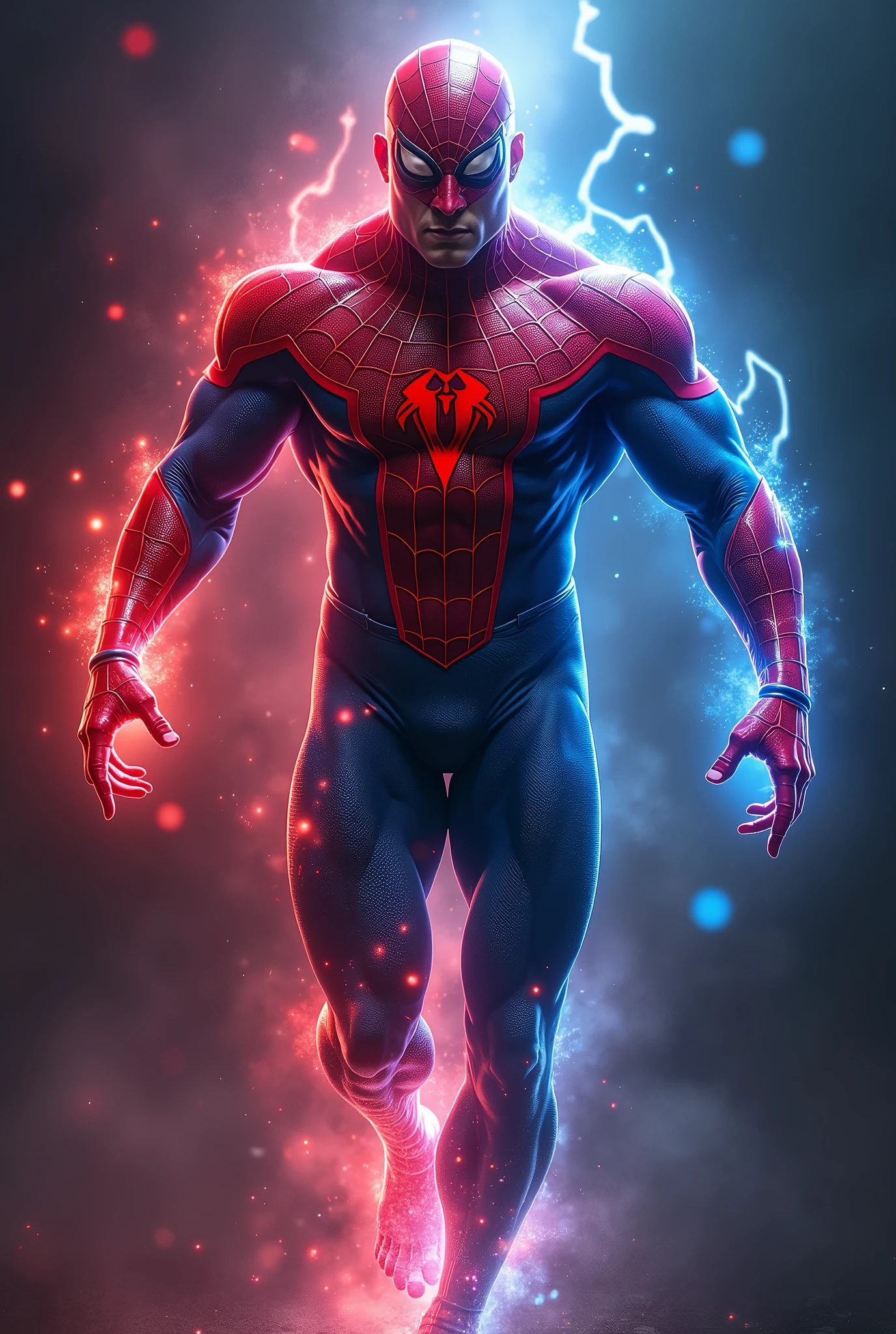 Body bilders spider man red and blue light glowing