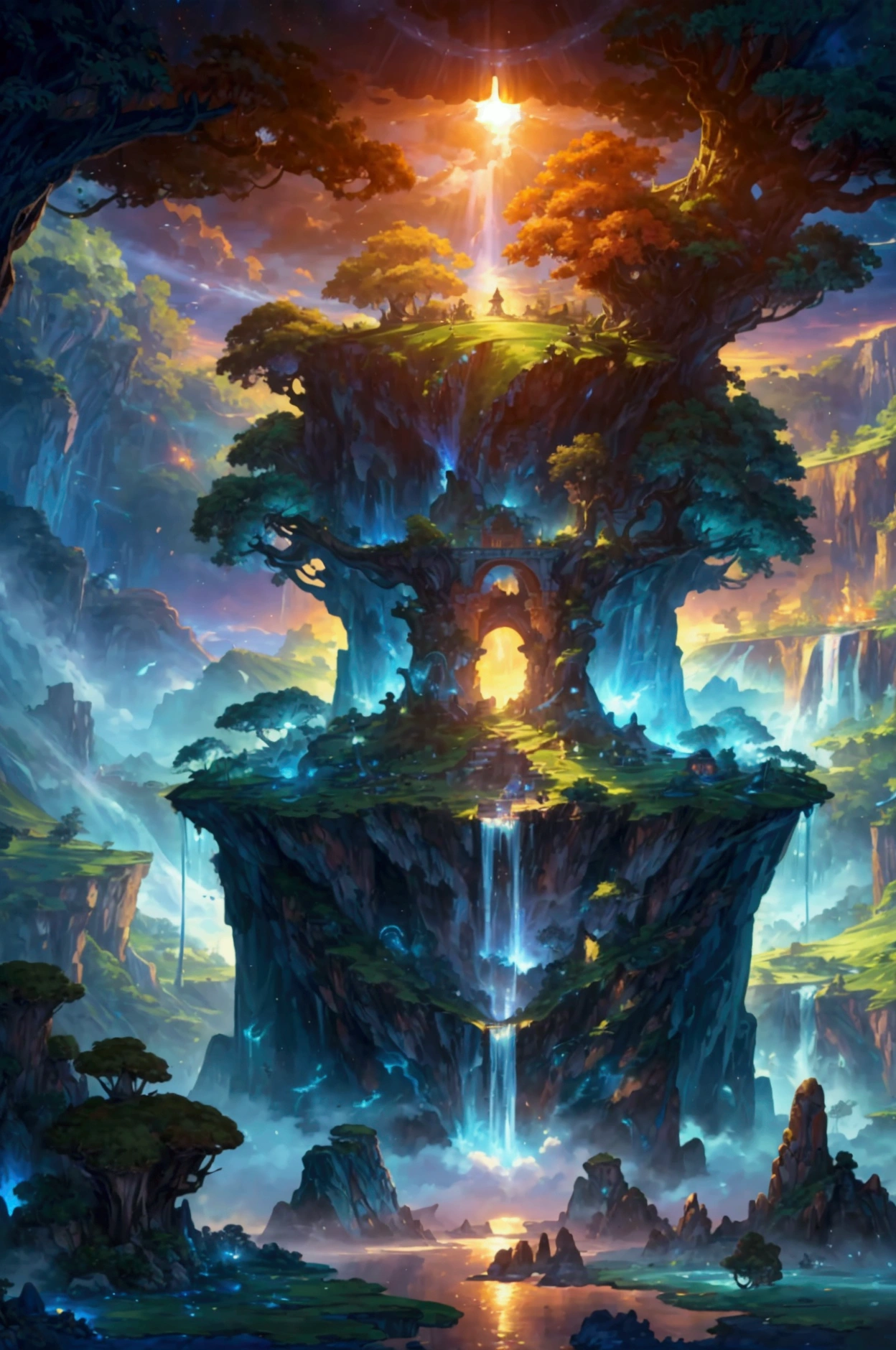"An awe-inspiring ultra-high-definition 4K digital painting of a fantastical world where massive floating islands drift high above the clouds, connected by delicate rope bridges and cascading waterfalls. The islands are covered in lush, vibrant greenery, with ancient trees whose roots wrap around the rocky surfaces, anchoring them in mid-air. Each island is a miniature ecosystem, teeming with colorful flowers, exotic plants, and small creatures that thrive in this skybound paradise. Majestic waterfalls flow from the edges of the islands, their crystal-clear waters disappearing into the misty void below, creating rainbows that shimmer in the sunlight.In the distance, more floating islands can be seen, some adorned with towering spires of stone, others with sprawling, vine-covered ruins of an ancient civilization. The sky is a brilliant gradient of warm oranges and deep purples, as the sun sets on this magical world, casting a golden glow over the landscape. Fluffy clouds drift lazily between the islands, their soft edges catching the last light of day, adding to the dreamlike quality of the scene.Graceful airships and winged creatures glide through the sky, navigating the space between the islands with ease, their silhouettes outlined against the vibrant backdrop. The entire scene is rich with intricate details, from the textures of the ancient stone ruins to the delicate patterns of the plants and trees, creating a sense of wonder and exploration. This digital painting captures the beauty and serenity of a world where gravity has no hold, and nature reigns supreme in a breathtaking, otherworldly environment.