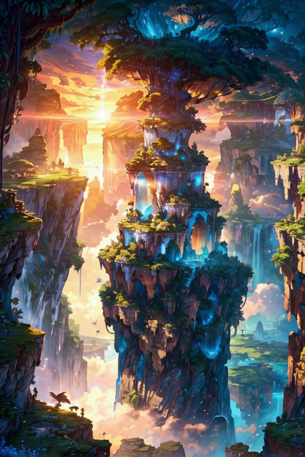 "An awe-inspiring ultra-high-definition 4K digital painting of a fantastical world where massive floating islands drift high above the clouds, connected by delicate rope bridges and cascading waterfalls. The islands are covered in lush, vibrant greenery, with ancient trees whose roots wrap around the rocky surfaces, anchoring them in mid-air. Each island is a miniature ecosystem, teeming with colorful flowers, exotic plants, and small creatures that thrive in this skybound paradise. Majestic waterfalls flow from the edges of the islands, their crystal-clear waters disappearing into the misty void below, creating rainbows that shimmer in the sunlight.In the distance, more floating islands can be seen, some adorned with towering spires of stone, others with sprawling, vine-covered ruins of an ancient civilization. The sky is a brilliant gradient of warm oranges and deep purples, as the sun sets on this magical world, casting a golden glow over the landscape. Fluffy clouds drift lazily between the islands, their soft edges catching the last light of day, adding to the dreamlike quality of the scene.Graceful airships and winged creatures glide through the sky, navigating the space between the islands with ease, their silhouettes outlined against the vibrant backdrop. The entire scene is rich with intricate details, from the textures of the ancient stone ruins to the delicate patterns of the plants and trees, creating a sense of wonder and exploration. This digital painting captures the beauty and serenity of a world where gravity has no hold, and nature reigns supreme in a breathtaking, otherworldly environment.