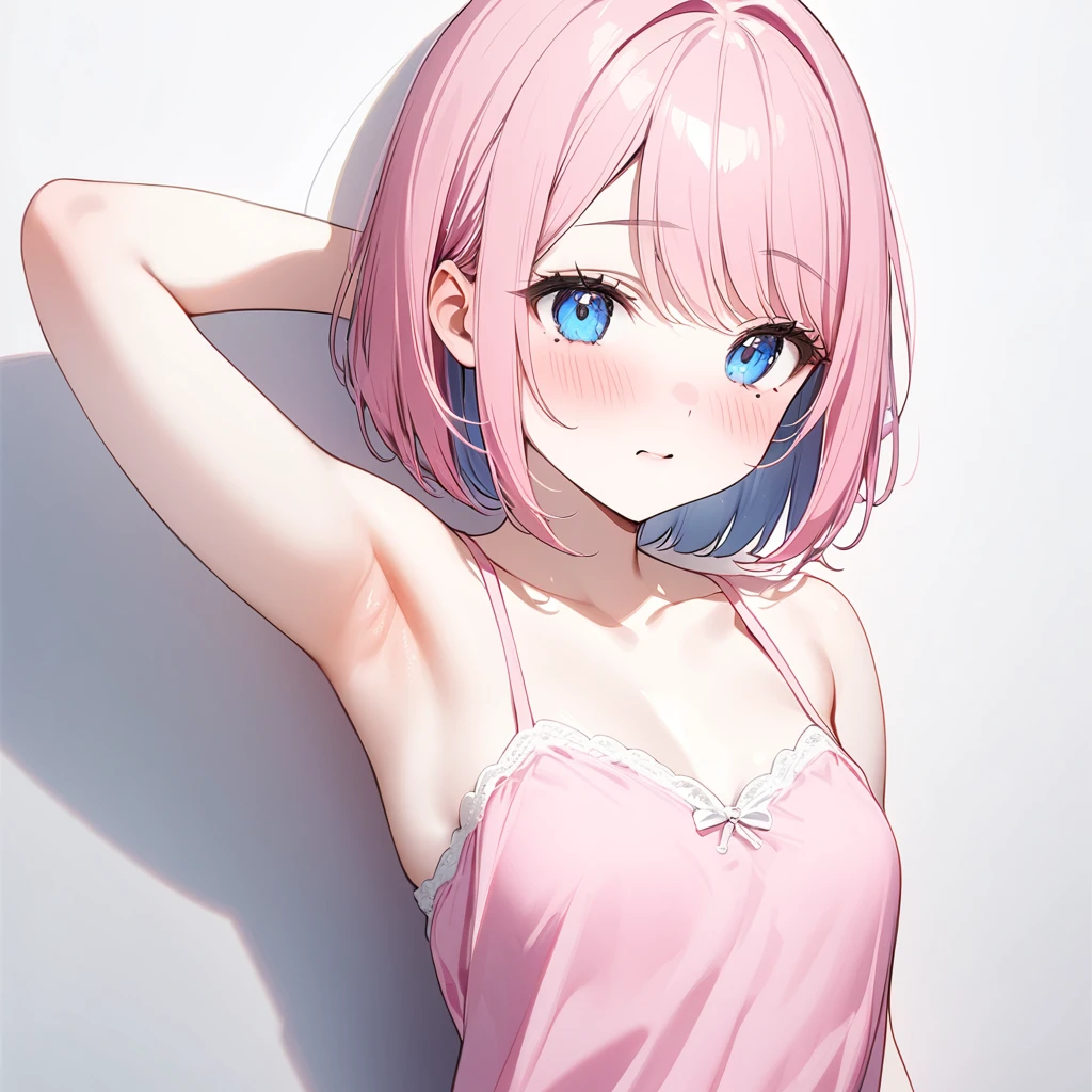 (1 girl),(Best Picture Quality, 8K, Masterpiece:1.3), (high school student:1.5), ((pink lob hair:1.1)), (bob cut),(swept bangs), (cute eyes, pupil black, iris skyblue, youthful face), (mole under right eye), (standard weight), (small breasts), (glistening skin:1.1),(pale skin:1.2),((showing armpits)),((pink camisole),(flustered), white background,