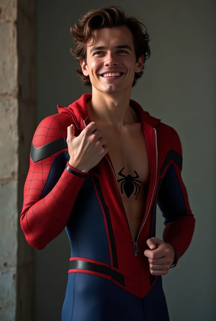 Tom Holland in Spider-Man costume. He is breathless and excited. The suit is half open, showing the upper part of the trunk. His hand touches his private parts while he talks on the phone