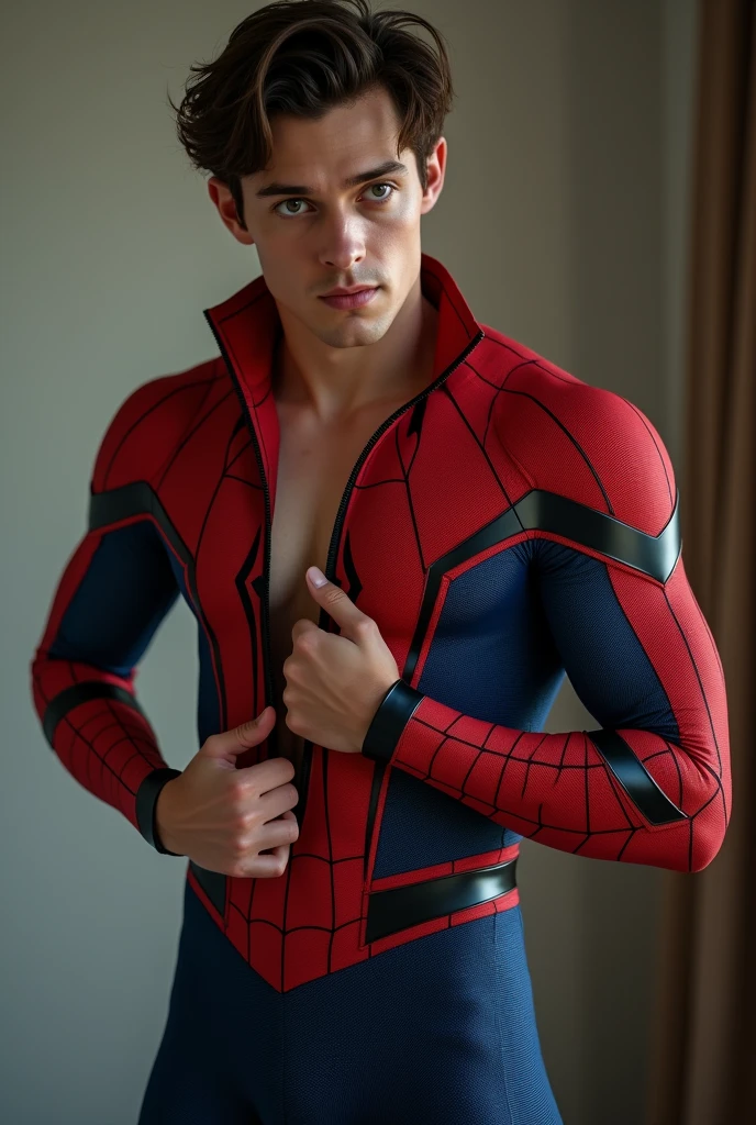Tom Holland in Spider-Man costume. He is breathless and excited. The suit is half open, showing the upper part of the trunk. His hand touches his private parts while he talks on the phone