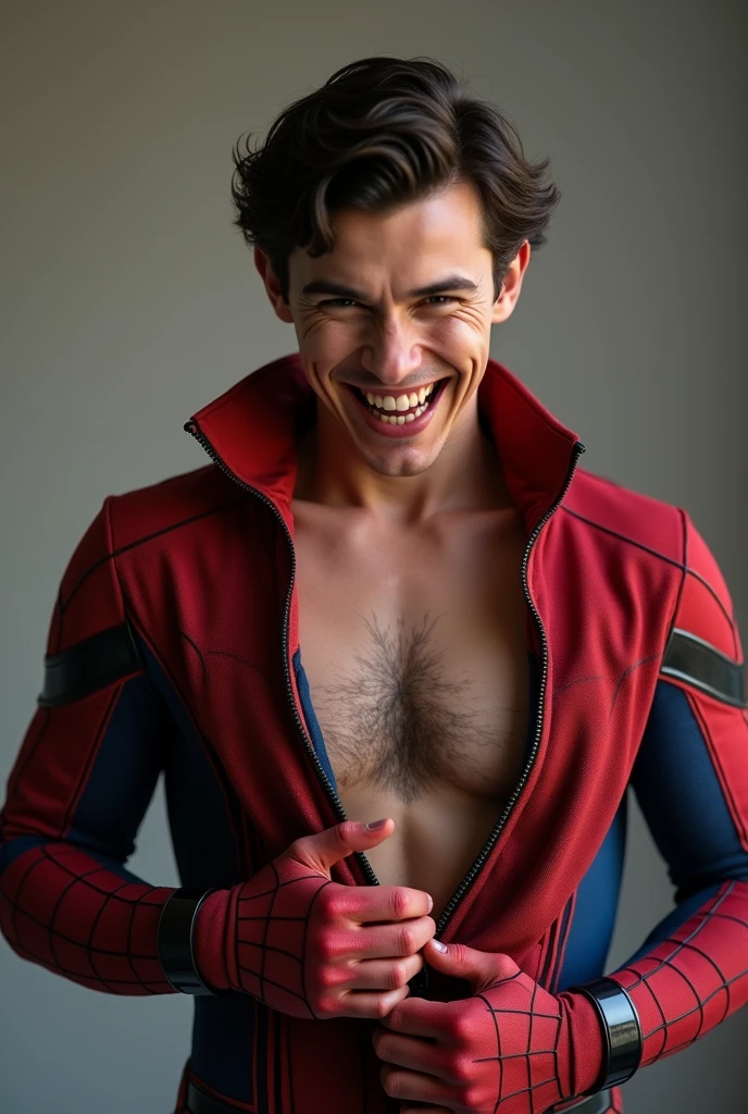Tom Holland in Spider-Man costume. He is breathless and excited. The suit is half open, showing the upper part of the trunk. His hand touches his private parts while he talks on the phone