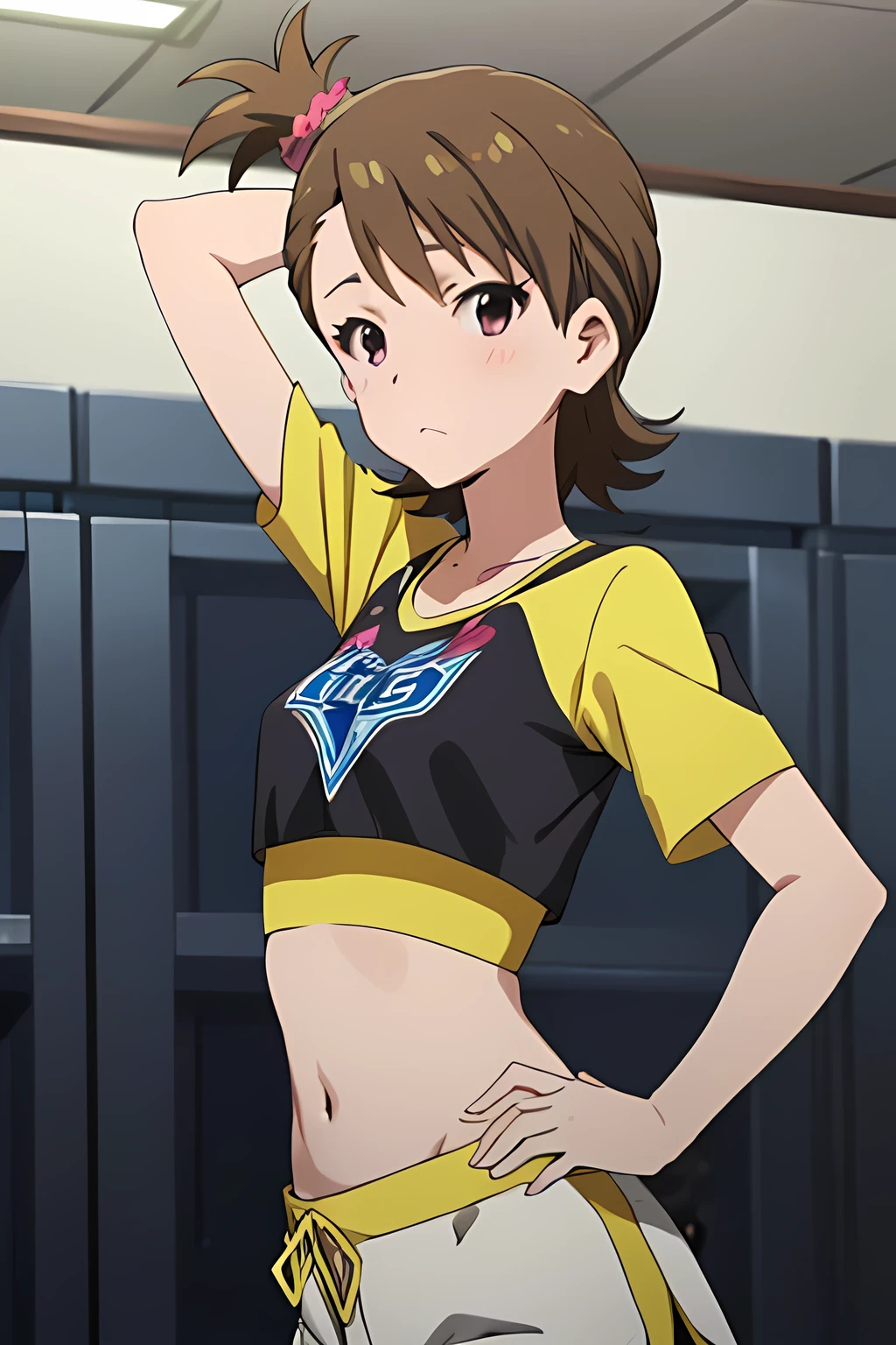 (UHD)、best quality、ami futami、midriff、{crop top}、looking at viewer、blushing、cowboy shot