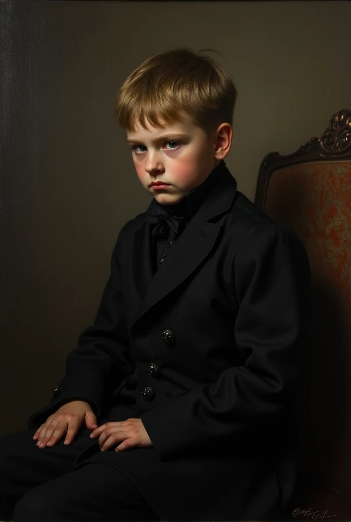Tsarevich Alexei Nikolajevich Romanov of Russia in black clothes & sad