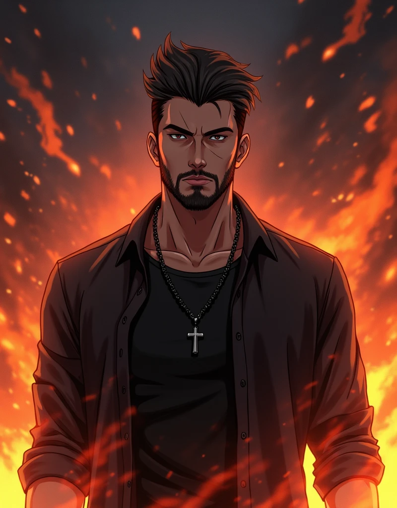 CREATE A ANIME STYLE LANDSCAPE IMAGE. Dramatic, high-intensity portrait featuring a man with a stern expression. He has a medium skin tone, short dark hair styled upwards, and a well-groomed beard. He is wearing a black shirt over a black t-shirt, accessorized with a black necklace that has a cross pendant. The background is engulfed in flames, with sparks and embers flying, creating a sense of chaos and intensity. The overall color palette is dominated by fiery oranges and dark shadows, enhancing the dramatic effect of the scene.