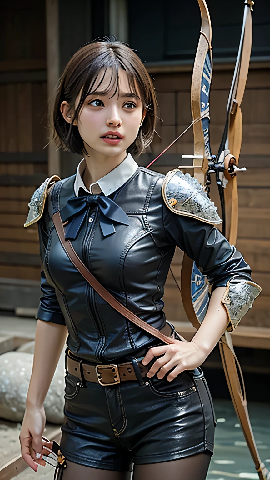 8k,A female adventurer from another world,so beautiful(Like the real thing),((Girl in leather armor:1.4))、Brown Hair,blue eyes,((Woman shooting a bow:1.5))、((Short-haired woman shooting with a stone crossbow:1.4))、A woman with brown combat trousers,Dagger on hip,Walking in mountainous areas,Perfect Face,Perfect hand shape,charm,Volume measurement,Body balance,超High resolution,super Realistic skin,Digital single-lens reflex camera, Soft lighting, high quality, Highly detailed face, Highly detailed eyes, highly detailed skin, skin, Scattered beneath the surface of the water, Highly detailed face, Highly detailed eyes, Beautiful expression, lip, Detailed Background, Written boundary depth, Small breasts、Volumetric lighting, Sharp focus, Absurd, Realistic proportions, Excellent anatomy, (Realistic, 超Realistic:1.4), 16k hdr, dawn,High resolution,super Realistic skin,super Beautiful expression,Fantasy art,Character Art,Dynamic pose,Compensate,Brown cloak,Carrying large luggage on your back,