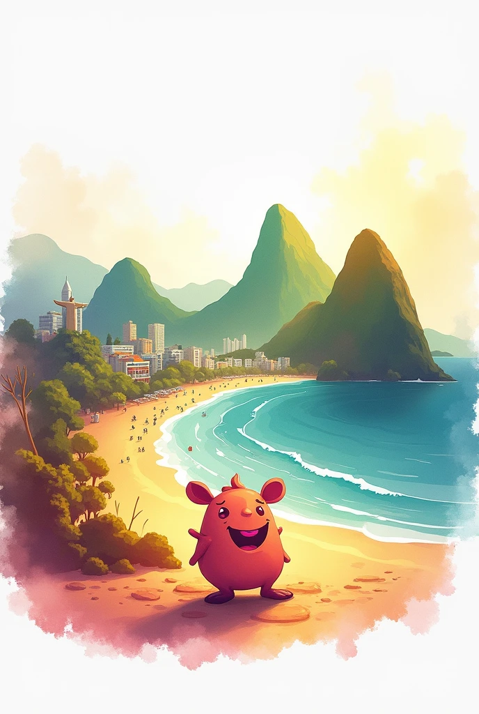 softfocus, Bright gradient watercolor, dreamy, white background, Kizi, cafés, Copacabana beach, Sugarloaf Mountain, corcovado, Favela on the Hill.