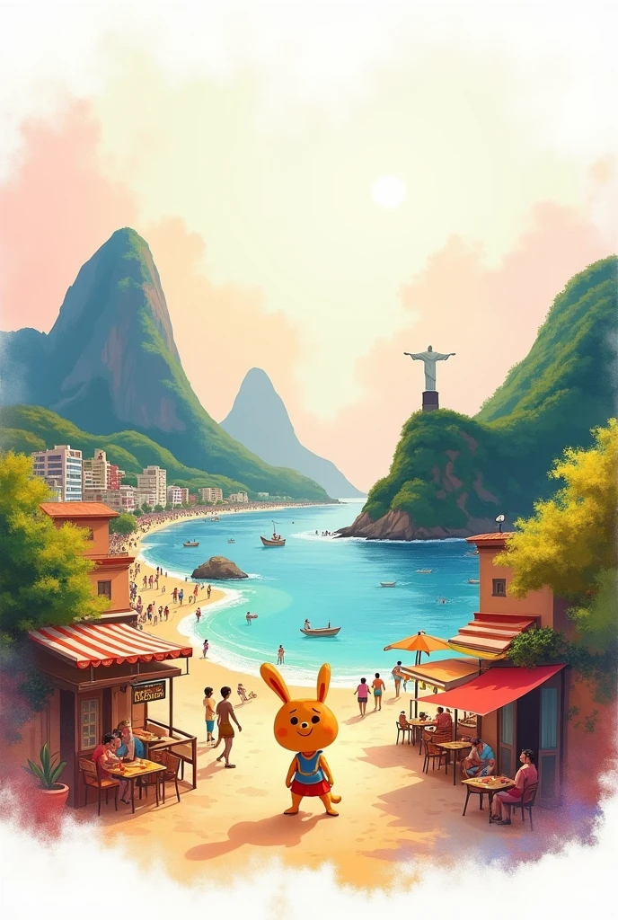 softfocus, Bright gradient watercolor, dreamy, white background, Kizi, cafés, Copacabana beach, Sugarloaf Mountain, corcovado, Favela on the Hill.