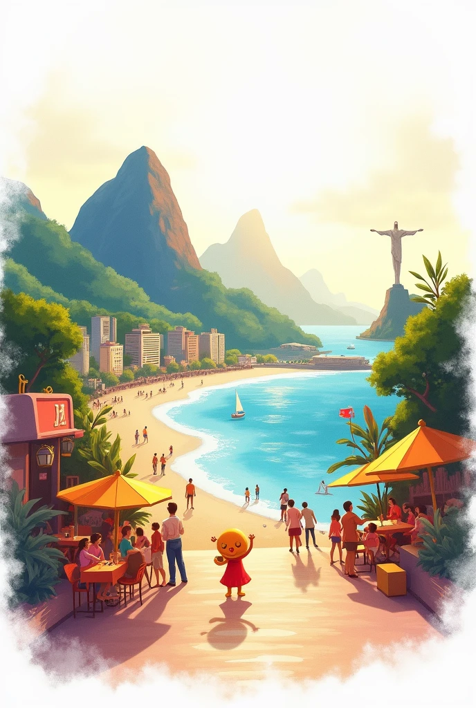 softfocus, Bright gradient watercolor, dreamy, white background, Kizi, cafés, Copacabana beach, Sugarloaf Mountain, corcovado, Favela on the Hill.