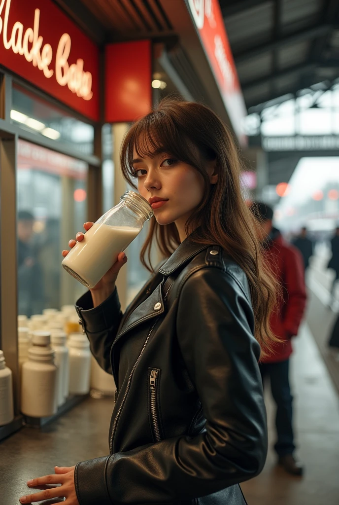 (Consciousness upward), (High resolution), (8k), (Very detailed), (The best Consciousness upward ), (Highest quality), (Very detailed), (masterpiece), ((Curvaceous physique)),(cowboy shot), Beautiful woman drinking bottled milk at a milk station, a beautiful woman,  (medium hair:1.3), wearing a leather suit. around 28years old. ((A gentle smile filled with love)),((at the railway station)),kiosk,(((Inverted triangle body:1.3))),thin waist, around 2 woman,((A gentle smile filled with love)),((Heavy gal makeup:1.2)),((Curvaceous physique)), long legs
