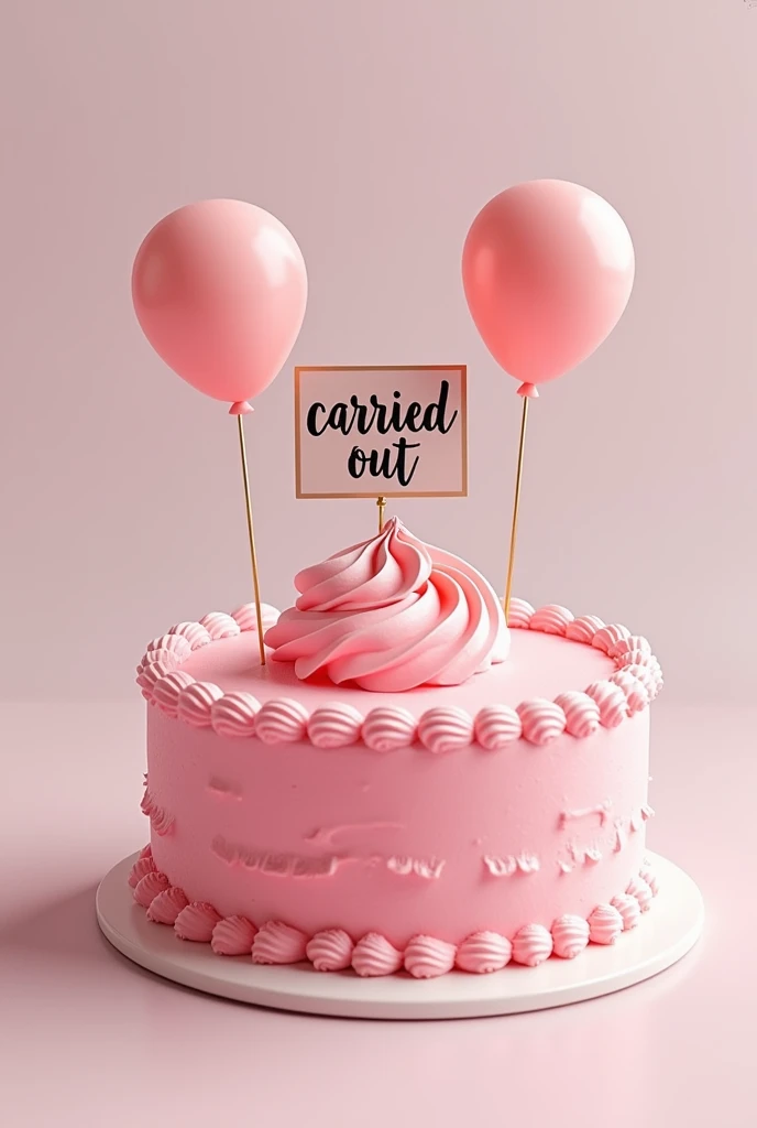 Realistic image A round cake with pink frosting, on top of the cake a small sign saying "carried out" with black color and small balloon images