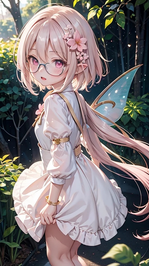 "Anime style young female character、Full body portrait。A tiny fairy, ミニマリスト, transparent wings on its back.。long-haired pale pink color,、with large pink eyes。Wearing round glasses。White flower hair ornament。Wearing a pale pink dress、Puff sleeve design and above knee length。Slim figure。Standing barefoot。The background is lush nature、wood々surrounded by leaves。The character is a little shy and tilts his body.、Face-to-face pose。Overall a soft and gentle atmosphere。A fantastic atmosphere with dancing light particles。high quality digital art。(ちびキャラの娘:1.2)"