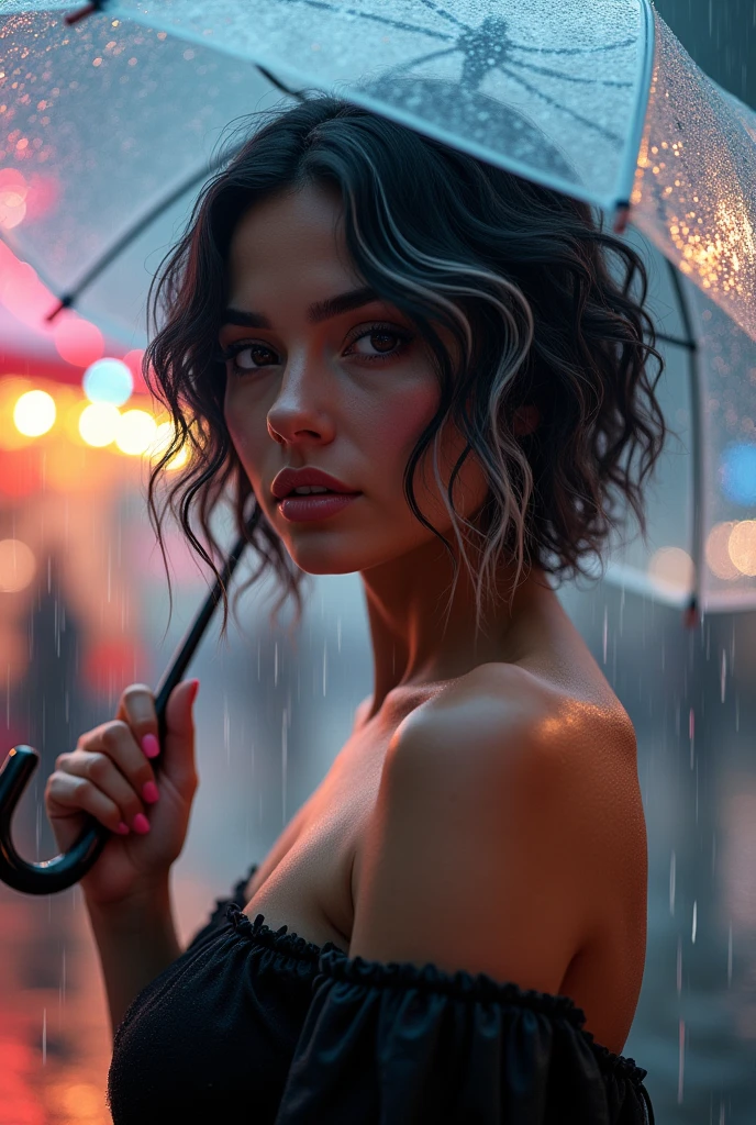 Beautiful woman with short black hair with wavy silver highlights, brownish skin, with a transparent umbrella in hand on a rainy day and a fair with mechanical games in the background, fat body