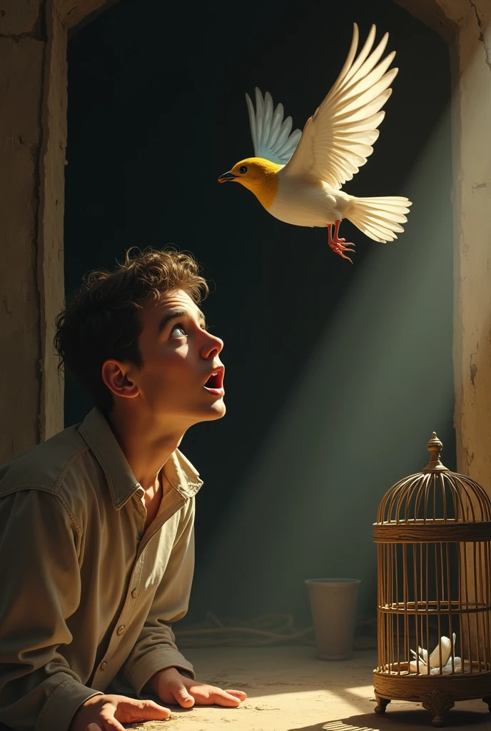 A man watching in surprise as a lark escapes from a cage