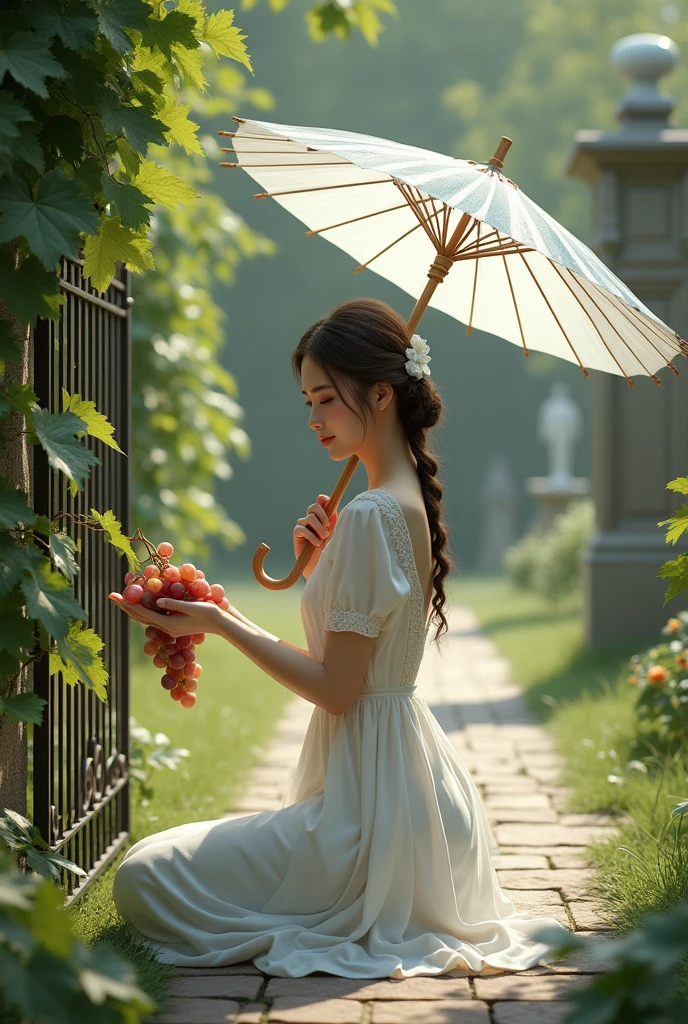 (photorealism:1.2), a kneeling woman in a white dress with a parasol in her left hand and some grapes in her right hand, in a garden with a stone path and a statue in the distance, a metal gate and the woman is grabbing the grapes from the other side of the gate