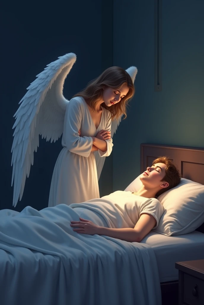 "A serene image of a guardian angel watching over a sleeping adult. The angel is depicted with gentle, flowing wings, standing beside the bed where the adult rests peacefully. The angel has a calm, loving expression, with a soft glow surrounding them, illuminating the room with a warm, comforting light. The adult, dressed in simple sleepwear, lies peacefully under a cozy blanket, with a relaxed and tranquil expression. The scene is set in a quiet, dimly lit room, with the angel's presence providing a sense of protection and peace, ensuring the adult's restful sleep."