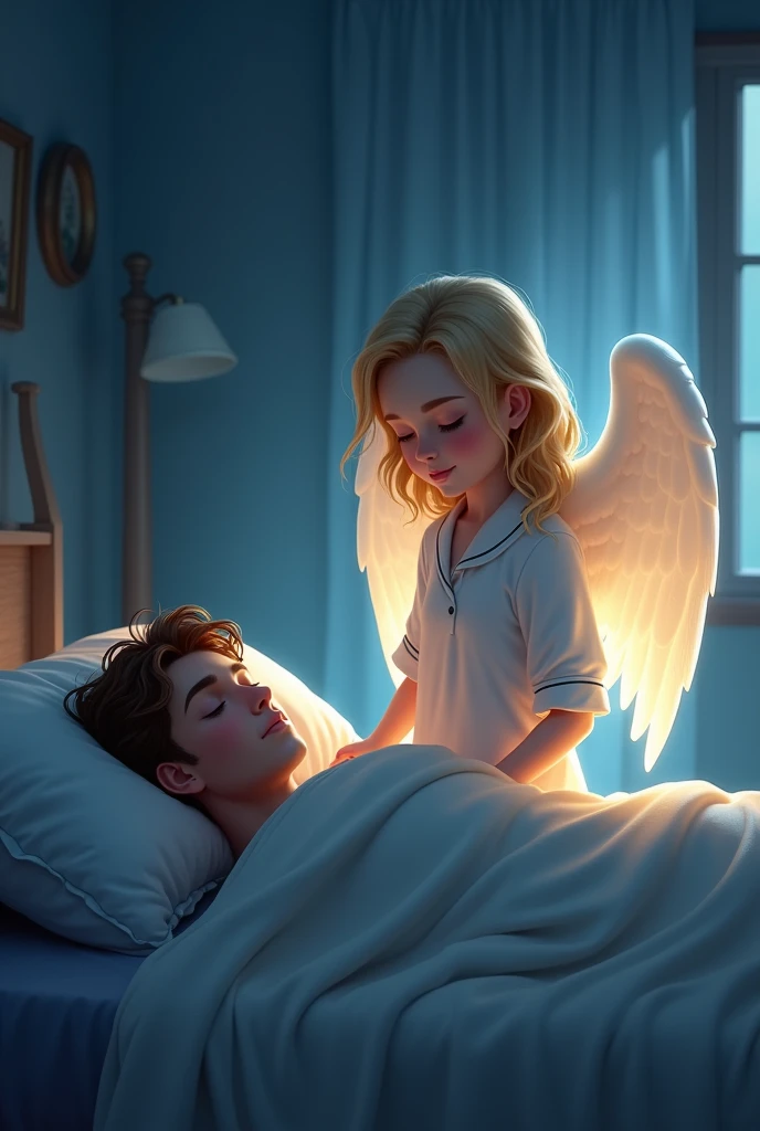 "A serene image of a guardian angel watching over a sleeping adult. The angel is depicted with gentle, flowing wings, standing beside the bed where the adult rests peacefully. The angel has a calm, loving expression, with a soft glow surrounding them, illuminating the room with a warm, comforting light. The adult, dressed in simple sleepwear, lies peacefully under a cozy blanket, with a relaxed and tranquil expression. The scene is set in a quiet, dimly lit room, with the angel's presence providing a sense of protection and peace, ensuring the adult's restful sleep."