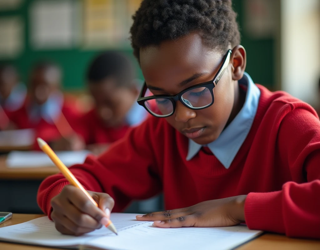 Developing cultural and intellectual skills, education according to the curricula prescribed for students ,  receiving information in the classroom, a close-up picture of a african   student with glases wearing a  red uniform  sitting on a school desk, performing school assignments