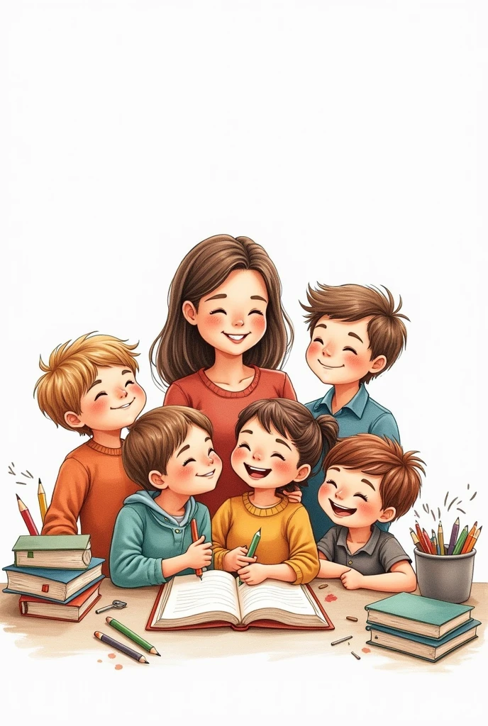  hand drawing of several smiling children full body and a woman in the middle of them taking care, amidst books and pencils, white background


