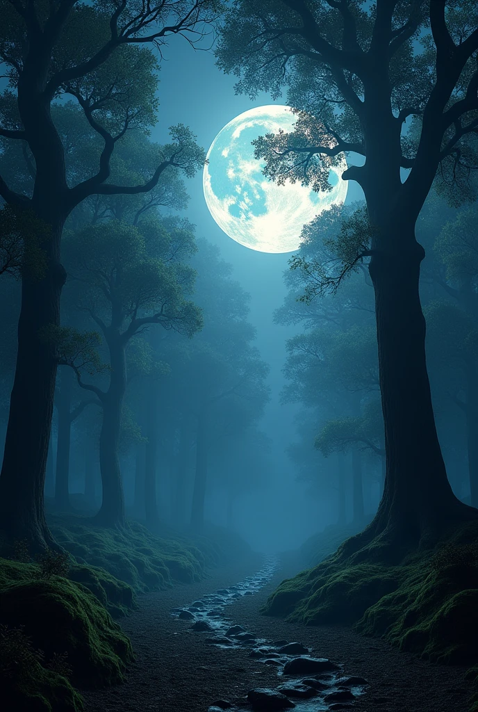 The white moon shining in a dark forest without people. 
