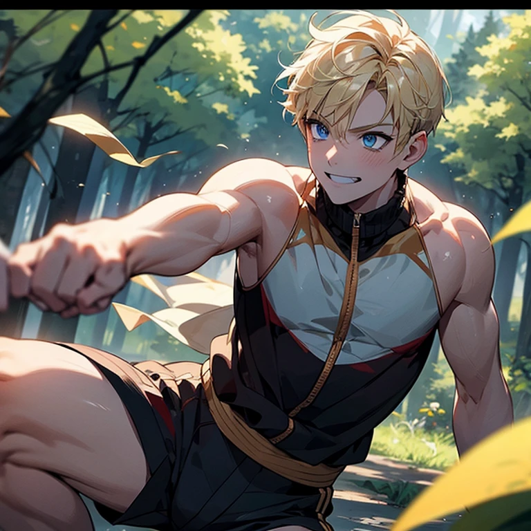 Kickboxing,  boy, with short blonde hair, blue eyes, athletic body without inflating, smiling look, golden aura around the body, behind a forest in the background.