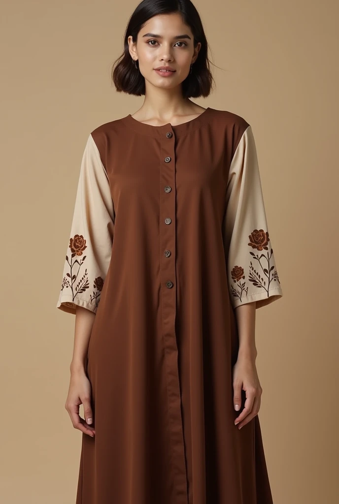 A open button full sleeve round kurti.Sleeve is beige colour & it has little rose on bottom of the sleeve that is chocolate colour. The whole body of the dress is chocolate colour...& the dress has a open button system & a slight divive on the bottom...the button color is chocolate