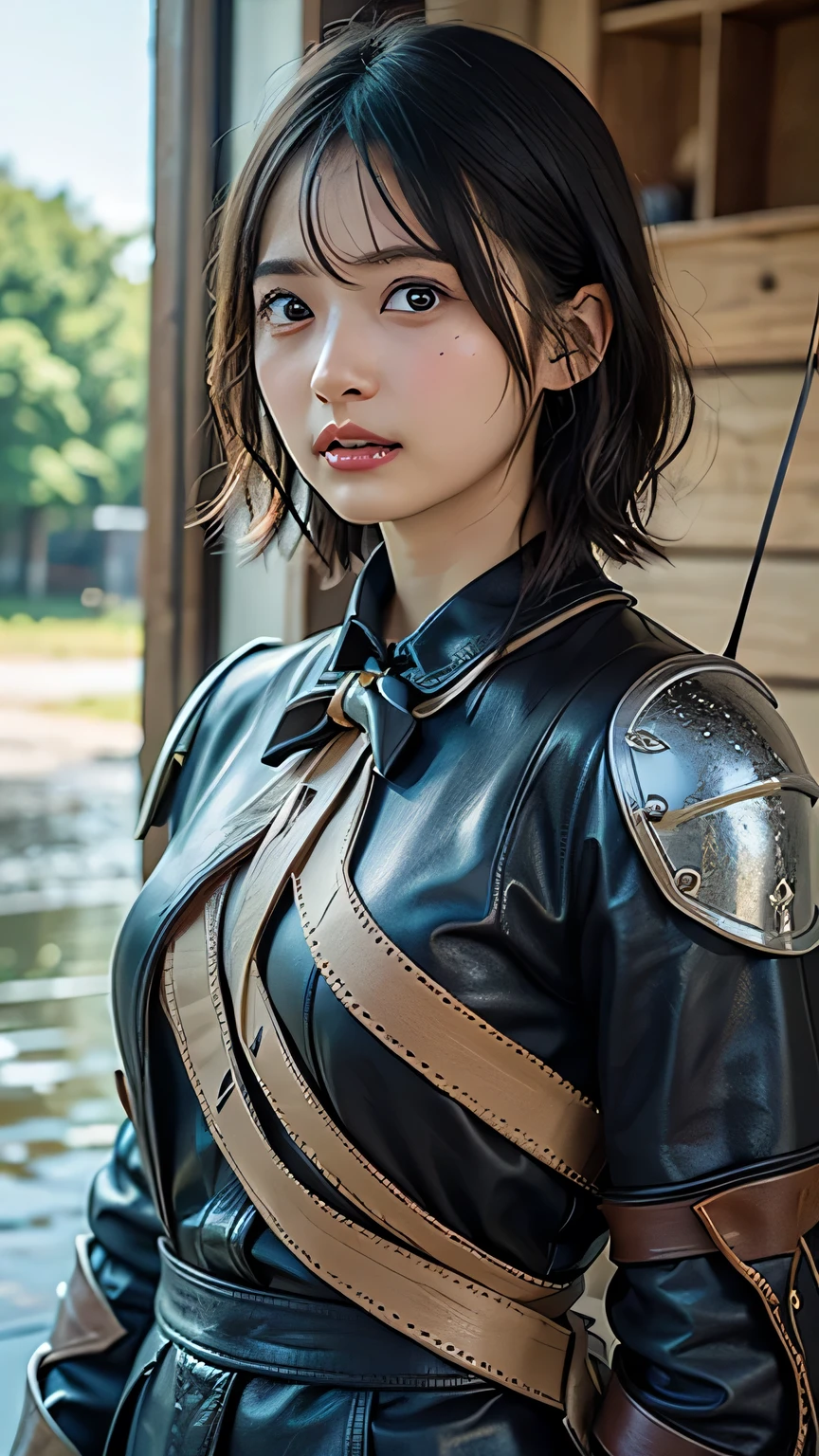 8k,A female adventurer from another world,so beautiful(Like the real thing),((Girl in leather armor:1.4))、Brown Hair,blue eyes,((Woman shooting a bow:1.5))、((Short-haired woman shooting with a stone crossbow:1.4))、A woman with brown combat trousers,Dagger on hip,Walking in mountainous areas,Perfect Face,Perfect hand shape,charm,Volume measurement,Body balance,超High resolution,super Realistic skin,Digital single-lens reflex camera, Soft lighting, high quality, Highly detailed face, Highly detailed eyes, highly detailed skin, skin, Scattered beneath the surface of the water, Highly detailed face, Highly detailed eyes, Beautiful expression, lip, Detailed Background, Written boundary depth, Small breasts、Volumetric lighting, Sharp focus, Absurd, Realistic proportions, Excellent anatomy, (Realistic, 超Realistic:1.4), 16k hdr, dawn,High resolution,super Realistic skin,super Beautiful expression,Fantasy art,Character Art,Dynamic pose,Compensate,Brown cloak,Carrying large luggage on your back,