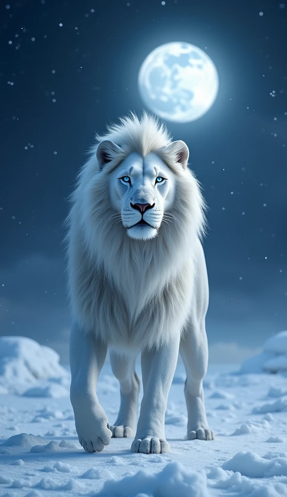 Generate a Super Ultra realistic 8k image of a beautiful strong white lion with blue eyes in the snow at night