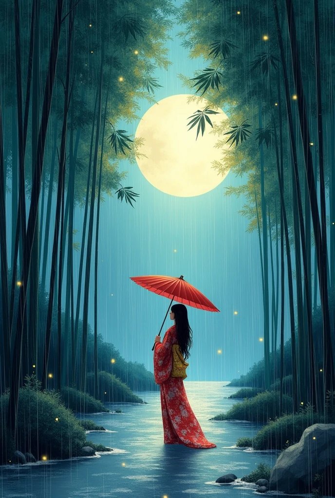 dynamic ink painting of a bamboo grove of japan, great art, great sense of depth, ground level shot, the most beautiful bamboo grove in the world, bamboo leaves shining through rainwater, moon\(pale blue\) with a light overcast, beautiful woman\(ancient Japanese noble, beautiful kimono, beautiful long black hair\) looking up at the moon holding an umbrella,raining softly, fireflies flying around, bamboo leaves are placed three-dimensionally in the foreground, long distance shot,limited color