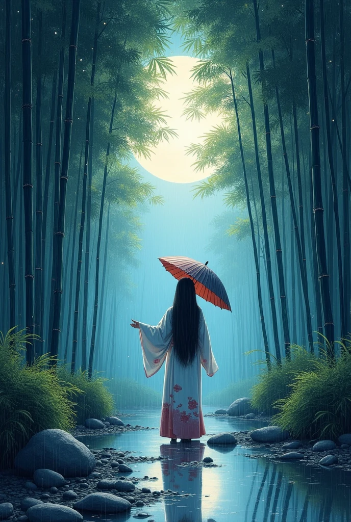 dynamic ink painting of a bamboo grove of japan, great art, great sense of depth, ground level shot, the most beautiful bamboo grove in the world, bamboo leaves shining through rainwater, moon\(pale blue\) with a light overcast, beautiful woman\(ancient Japanese noble, beautiful kimono, beautiful long black hair\) looking up at the moon holding an umbrella,raining softly, fireflies flying around, bamboo leaves are placed three-dimensionally in the foreground, long distance shot,limited color