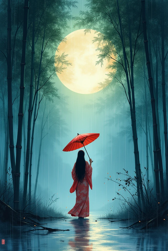 dynamic ink painting of a bamboo grove of japan, great art, great sense of depth, ground level shot, the most beautiful bamboo grove in the world, bamboo leaves shining through rainwater, moon\(pale blue\) with a light overcast, beautiful woman\(ancient Japanese noble, beautiful kimono, beautiful long black hair\) looking up at the moon holding an umbrella,raining softly, fireflies flying around, bamboo leaves are placed three-dimensionally in the foreground, long distance shot,limited color