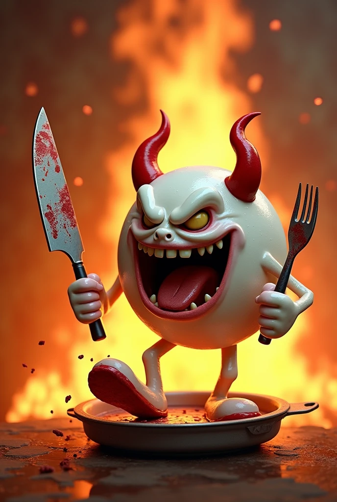 A white, round cartoon character shaped like a plate of rice. It has a fierce expression with a wide open mouth, revealing sharp teeth. It wears red evil horns and is holding a large fork in its left hand and a knife covered in food stains in its right hand. There are food remnants stuck in its teeth. A huge flame is in the background. It is wearing boots and its right foot is stepping on a pan. Toy story