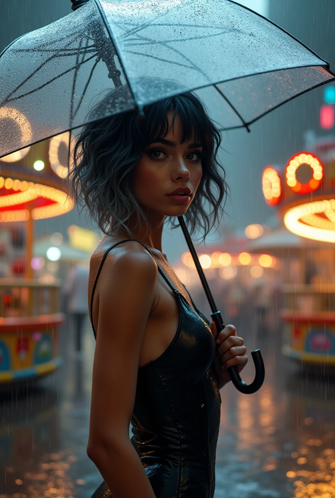 Beautiful woman with short black hair with wavy silver highlights, brownish skin, with a transparent umbrella in hand on a rainy day and a fair with mechanical games in the background, thick build