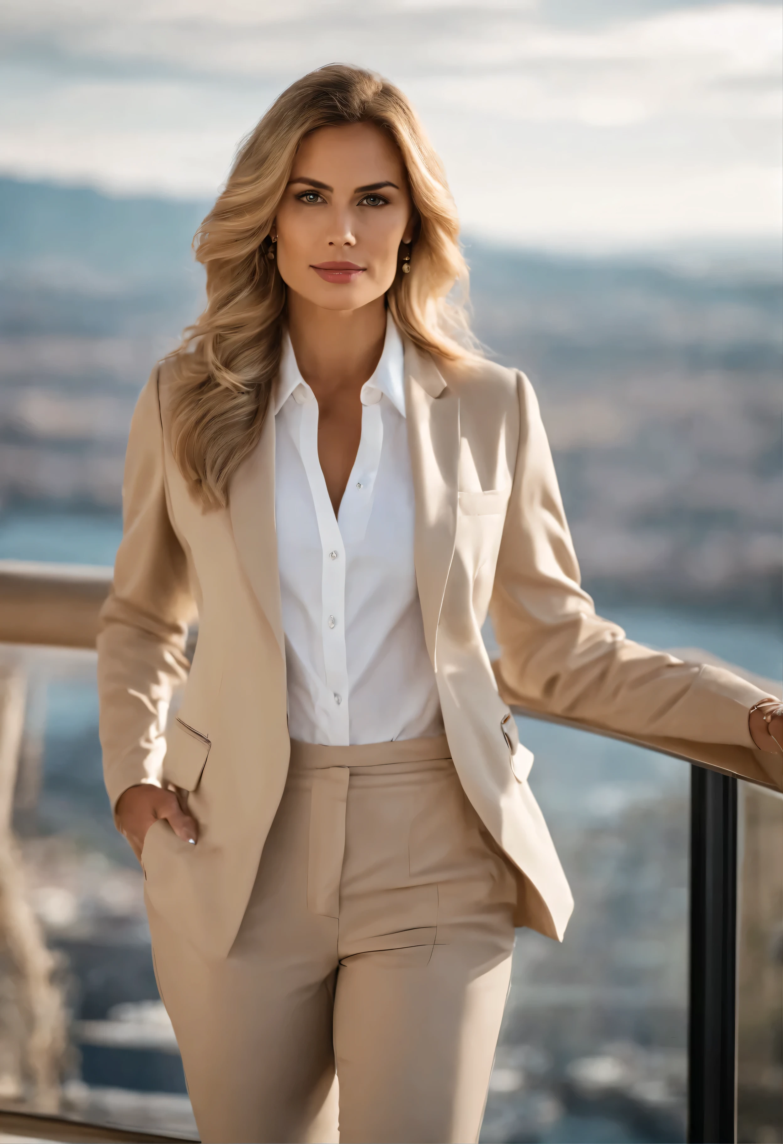 Upper body photo of a blonde woman with brown eyes, wearing a beige blazer, white shirt and beige executive pants, weighing 80 kilos in a luxury European style home, business clothes, Panoramic view of the city, raw-photo, highly detailed skin ,8k ultra-HD, dslr, soft lighting, high qualiy, film grain, Fujifilm XT3.
