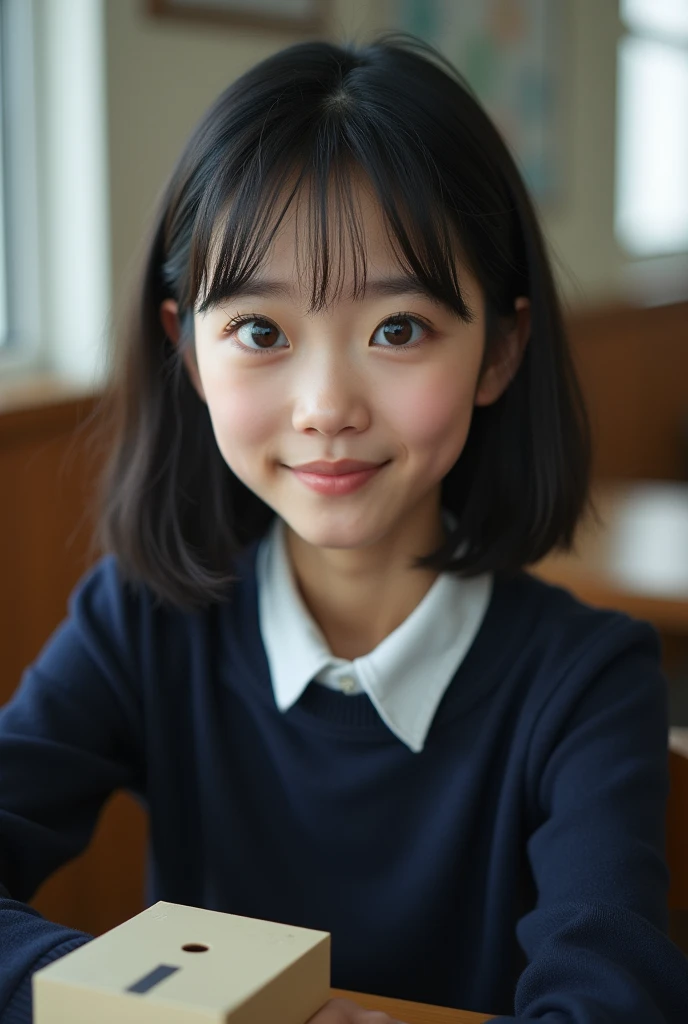 Highest quality, Face Focus, Soft Light, Ultra-high resolution, (Realistic:1.4), RAW Photos, 1 Japan, alone, cute, (A shy smile:0.5), (Brown eyes, Light in your eyes), Beautiful face in every detail, (Small box),(High resolution detail of human skin texture), (Short Bob Hair), break, In the classroom,Navy uniform, Best, skirt