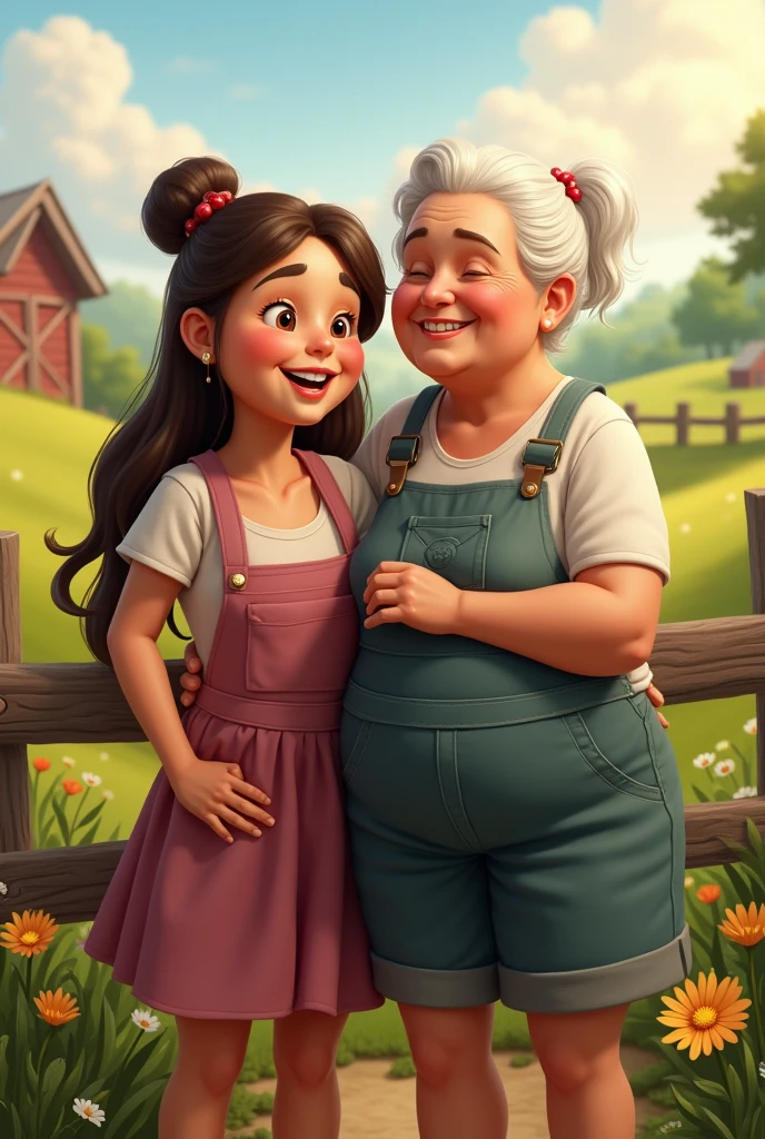 A chubby young woman next to an old lady on the farm