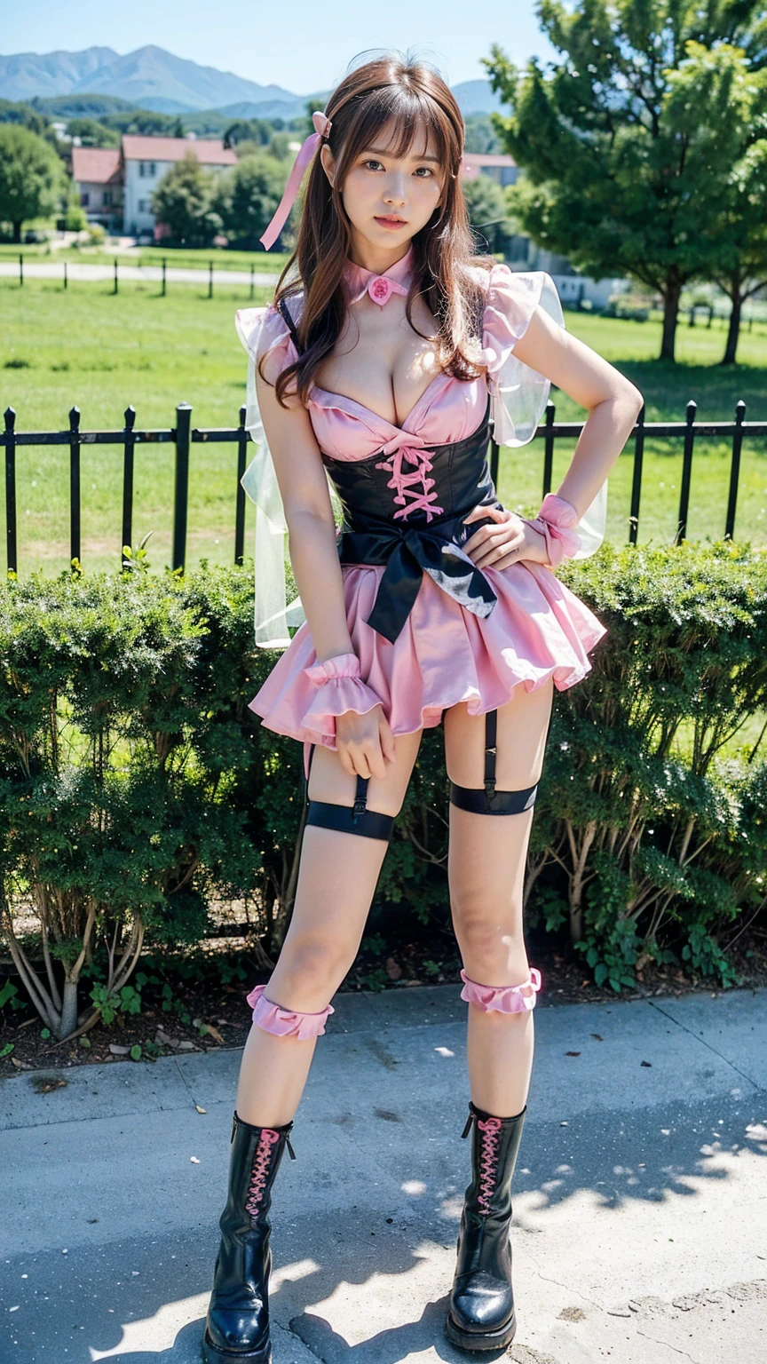 (8k、RAW Photos、Highest quality、masterpiece:1.2)、(Realistic、Realistic)、1 person、((Black and Pink、Cleavage、See-through、garden、ribbon、Frills、garter belt、mini skirt、Thin legs、whole body、boots、View from the front、Looking into the camera、Stand with hands on hips))、cute