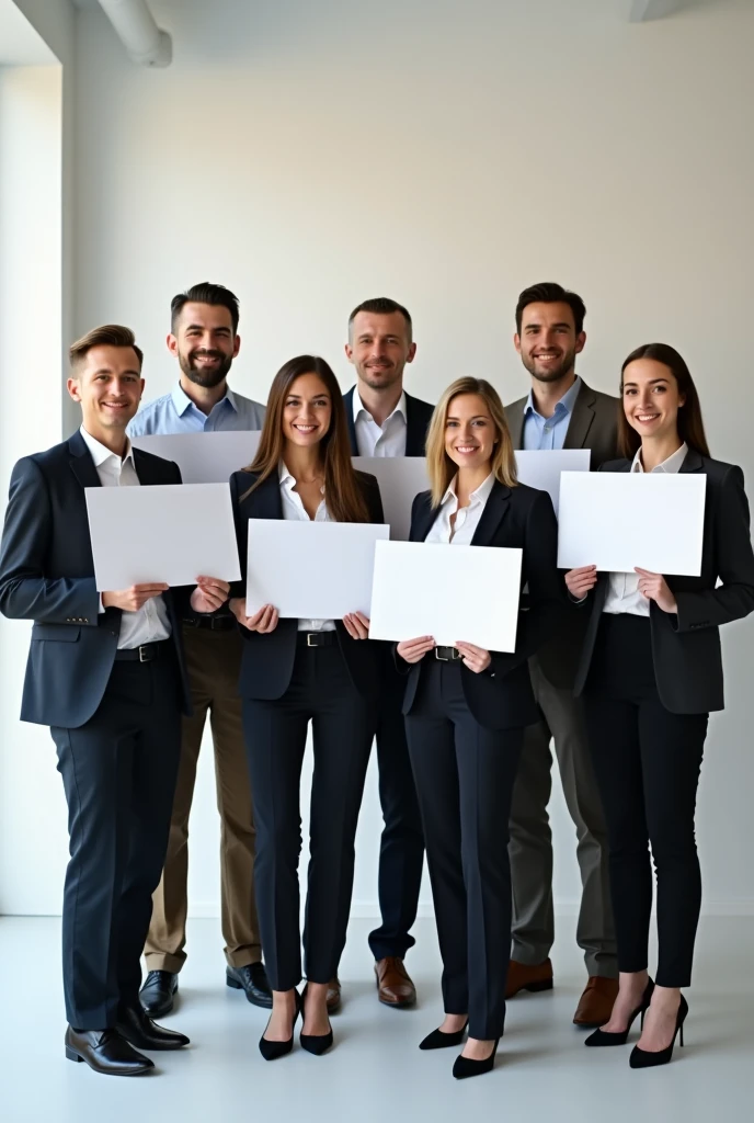 A group of sales consultants gathered for a photo shoot. Each one holds a blank card.