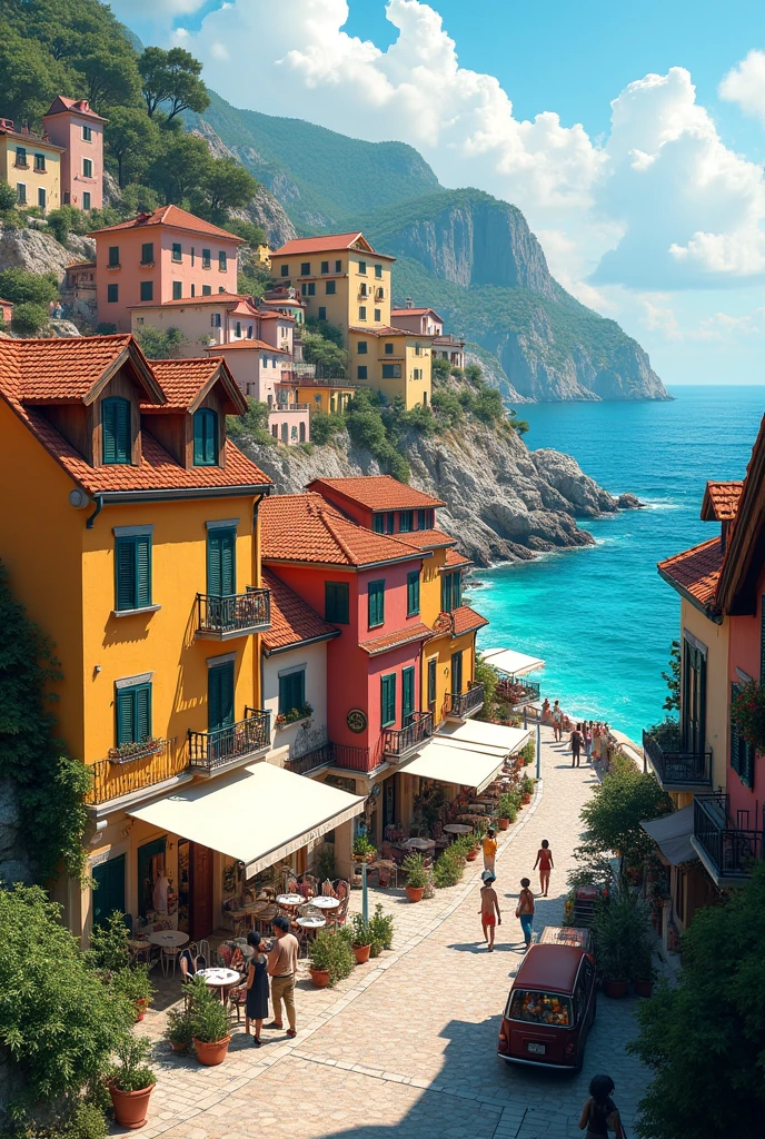 A coastal town with colorful wooden houses, turned into a tourist area for the elite.