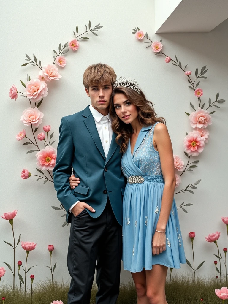 Remove the woman in the blue dress from the photo and replace it with Justin Bieber