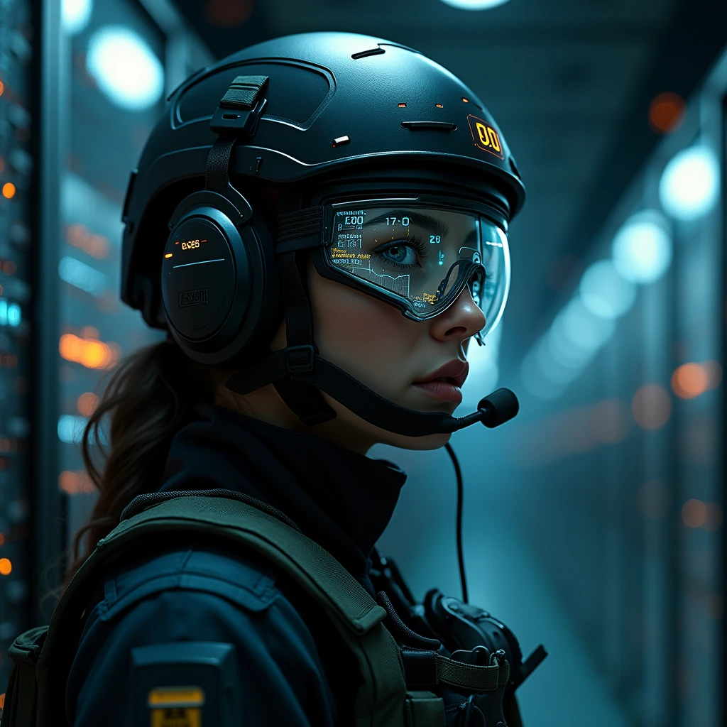 (work of art:1.2,Distinctive Quality,mirror-like,Cinematic experience),8k,wall-paper,ray tracing,(Woman),They are standing,(美しいWoman),(Wearing futuristic tactical glasses:2.0,Tactical data is displayed on the glasses:2.0,Detailed drawing of glasses:2.0),(tactical bodysuit),(tactical helmet:2.0),(Tactical headset),(Intercom microphone),(A face with attention to detail,Detailed texture skin,beautiful fur),(looking at the camera),(正面),(Close do rosto:2.0),(Hole in the server:2.0),(darkness:2.0)